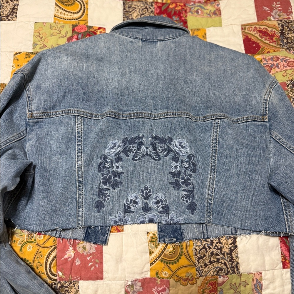 Hollister Light Blue Cropped Denim Jacket with Embroidered Back